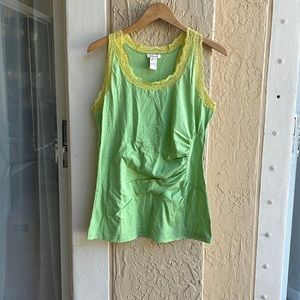 Sundance Lace Hem Ruched Side Tank Top Green and Yellow Size Large